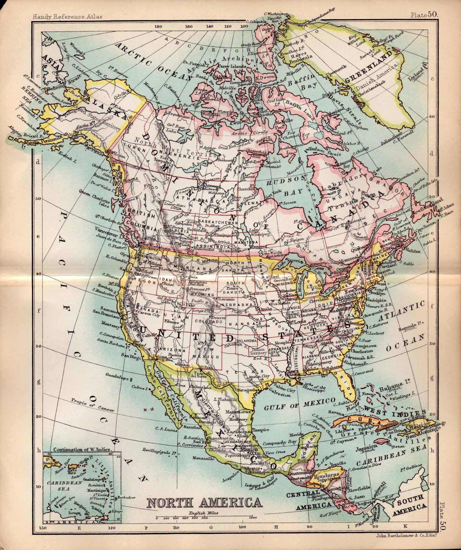 North America Area Double Sided Victorian Antique 1896 Map.: Title: North America Area Double Sided Victorian Antique 1896 Map. Description: This Antique Double-Sided Map Has Been Removed From an. 1896 Edition Handy Reference Atlas by J. G. Bartholomew.<