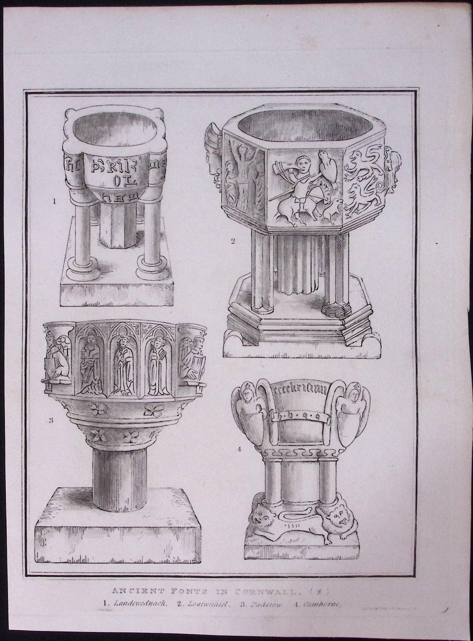 Cornwall Ancient Church Fonts Rare Antique Copper Plate Etching.2 (1 of 2)