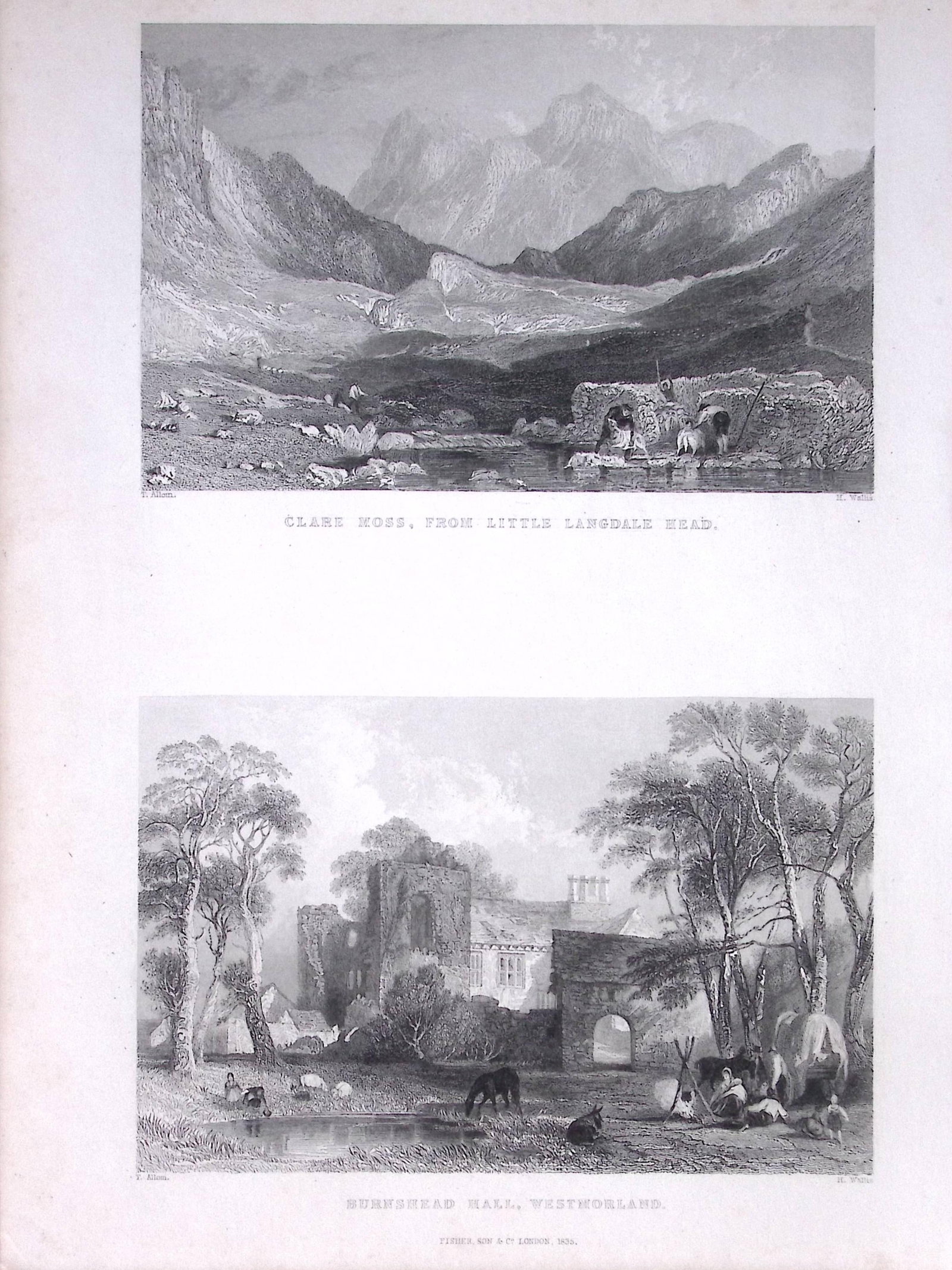 Clare Moss, Little Langdale Lake District Antique Steel Engraving-15-TR: Title: Clare Moss, Little Langdale Lake District Antique Steel Engraving-15-TR Description: This Double Image Steel Engraved Print Has Been Removed from an Antique 1835 Edition of. Westmorland,