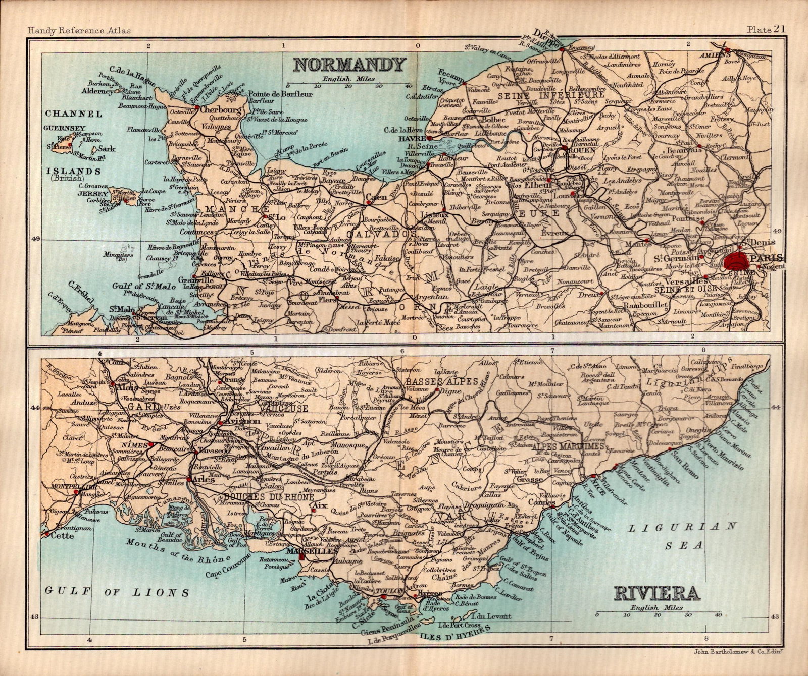 Normandy & the Riviera Double Sided Antique 1896 Map.: Title: Normandy & the Riviera Double Sided Antique 1896 Map. Description: This Antique Double-Sided Map Has Been Removed From an. 1896 Edition Handy Reference Atlas by J. G. Bartholomew.