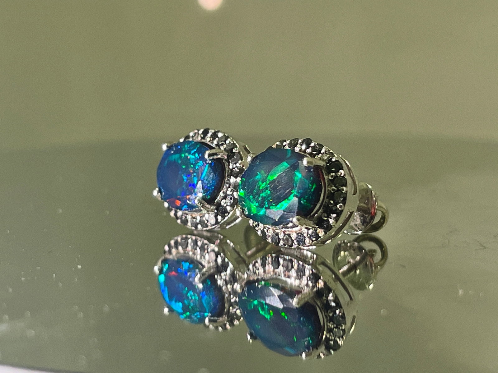 Beautiful Natural Black Opal Earrings With Natural Black Diamond & 18k Gold - 6