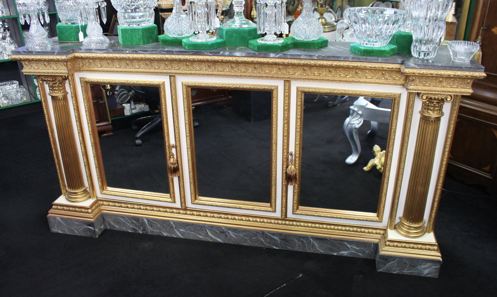 Title: Impressive Neoclassical-Style Painted and Gilt Credenza Description: Large Decorative: Title: Impressive Neoclassical-Style Painted and Gilt Credenza Description: Large Decorative Neoclassical Style Gilt and Painted Marble Mirrored Credenza We are pleased to offer this impressive large 