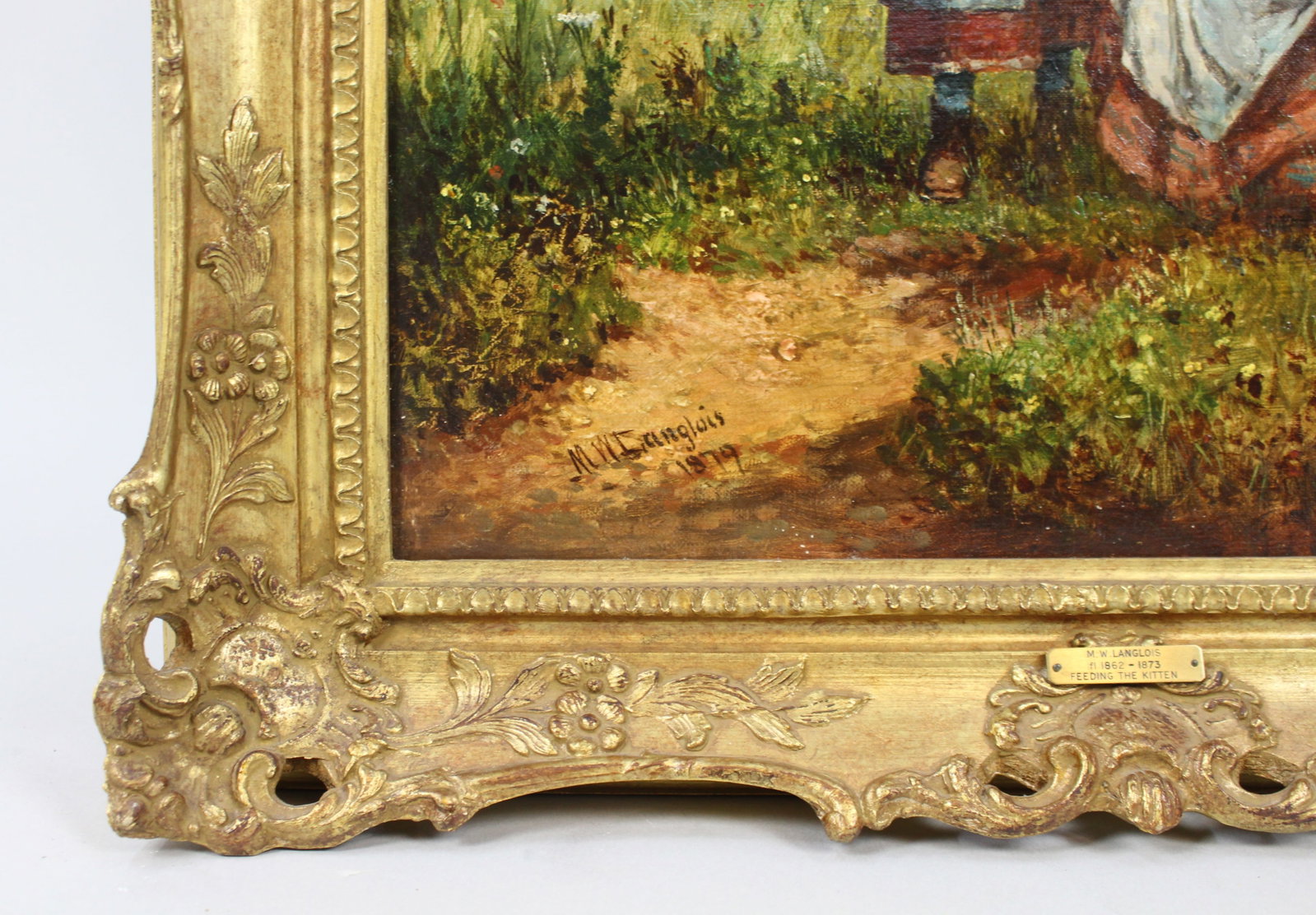 Title: Victorian Oil Painting – "Feeding the Kitten" by Mark William Langlois (British, 1848&# - 5