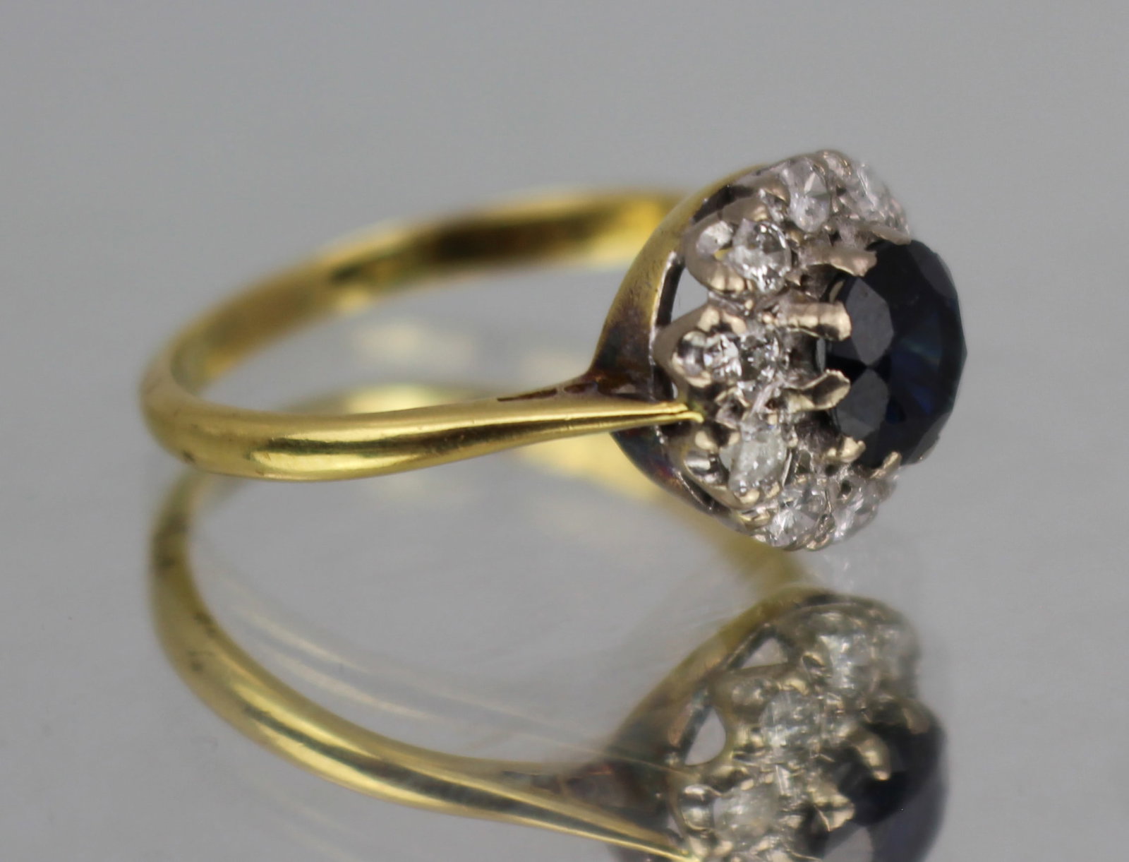 Title: Sapphire & Diamond Cluster Ring 18ct Description: Vintage Sapphire & Diamond Cluster Ring - 7