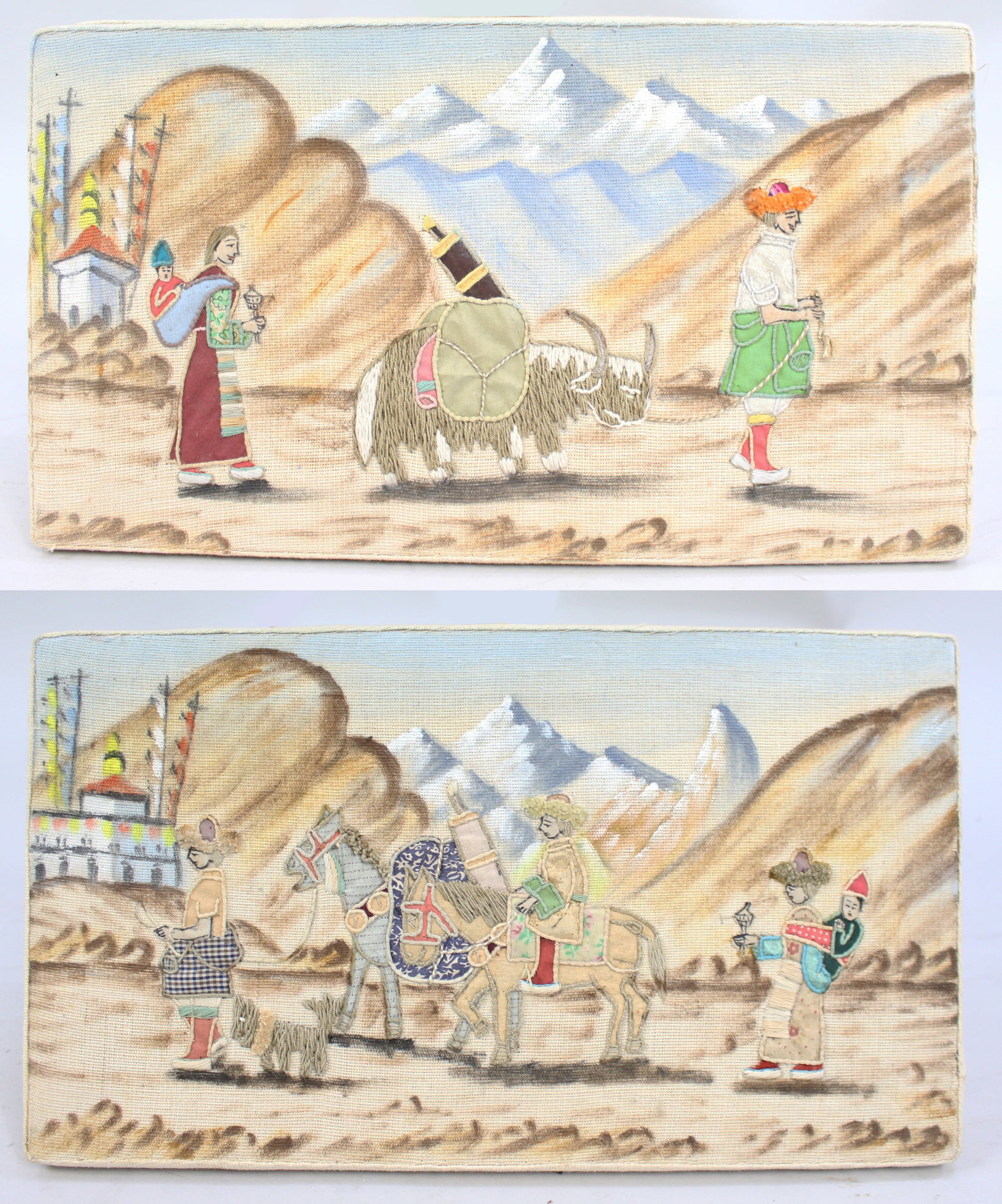 Title: Pair of Himalayan Embroidered Panels – Gangtok, 1982 Description: Pair of Embroidered: Title: Pair of Himalayan Embroidered Panels – Gangtok, 1982 Description: Pair of Embroidered Himalayan Scenes – Gangtok, March 1982 India, late 20th century A charming pair of embroidered