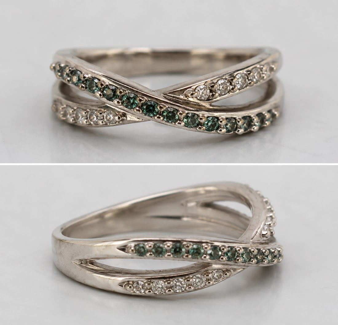 Title: Vintage 9ct Diamond and Demantoid Ring Description: Vintage 9ct White Gold Diamond and: Title: Vintage 9ct Diamond and Demantoid Ring Description: Vintage 9ct White Gold Diamond and Demantoid Ring An attractive vintage ring set with alternating bands of small white diamonds and vivid