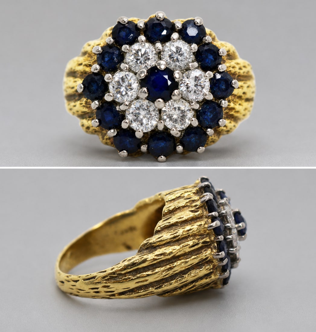 Title: Sapphire & Diamond 18ct Cluster Ring Description: Vintage Sapphire & Diamond Cluster Ring: Title: Sapphire & Diamond 18ct Cluster Ring Description: Vintage Sapphire & Diamond Cluster Ring in 18ct Gold A striking vintage sapphire and diamond cluster ring, crafted in 18ct yellow and