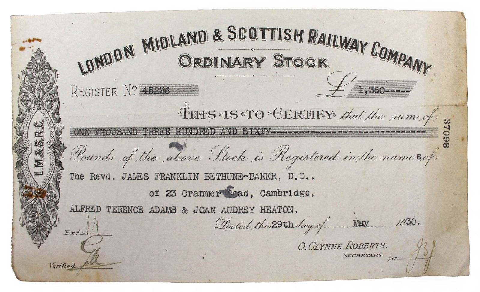 Title: Vintage Railway Stock Certificates (4 Pieces) – (1930) Description: Vintage Railway Sto - 15