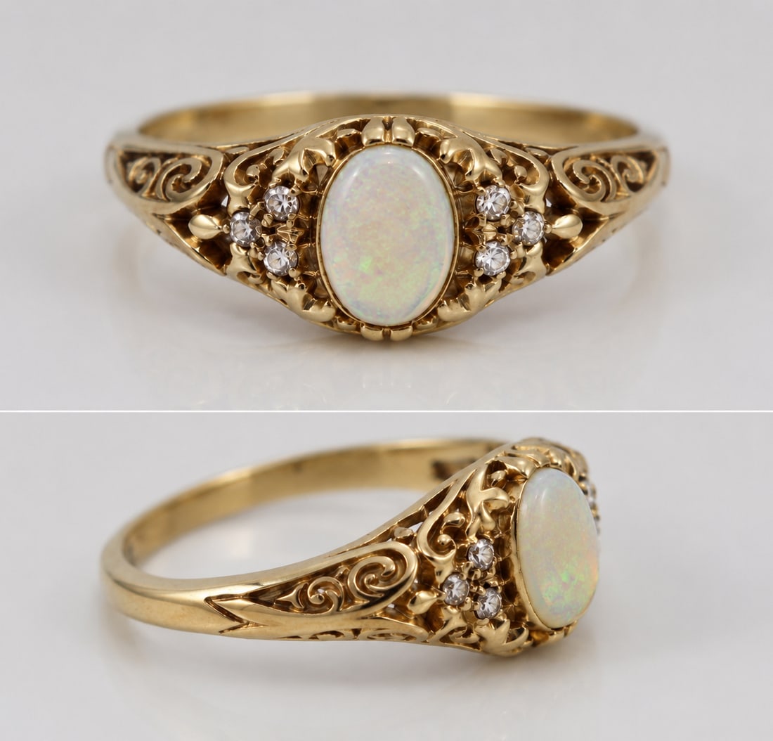 Title: Vintage Opal & Diamond Ring in 9ct Gold – Scrollwork Setting Description: Vintage Opal  - 2