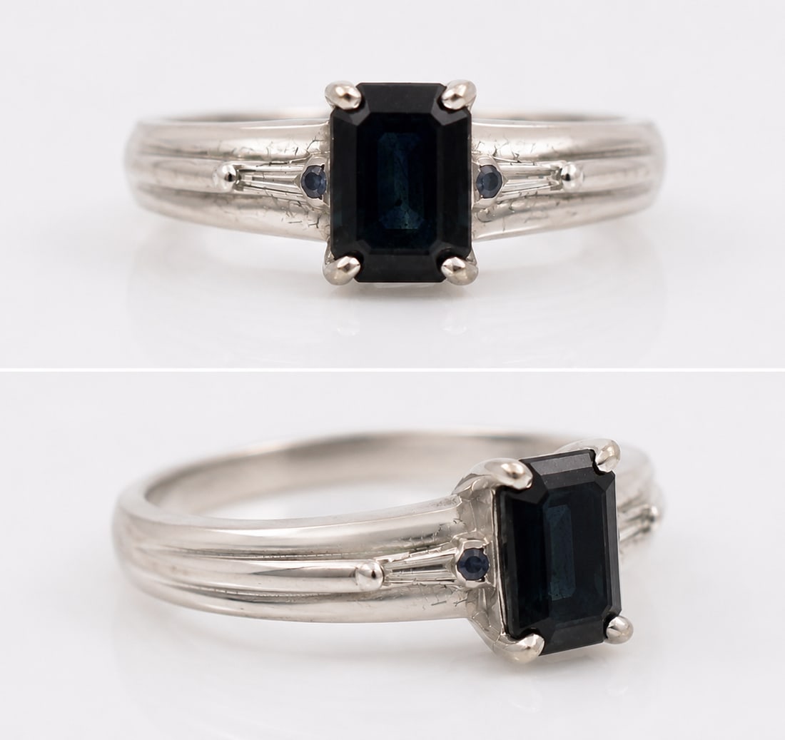 Title: Emerald Cut Tourmaline 14ct White Gold Ring Description: Vintage Emerald Cut Indicolite: Title: Emerald Cut Tourmaline 14ct White Gold Ring Description: Vintage Emerald Cut Indicolite Tourmaline 14ct White Gold Ring A fine vintage ring featuring a stunning deep teal indicolite