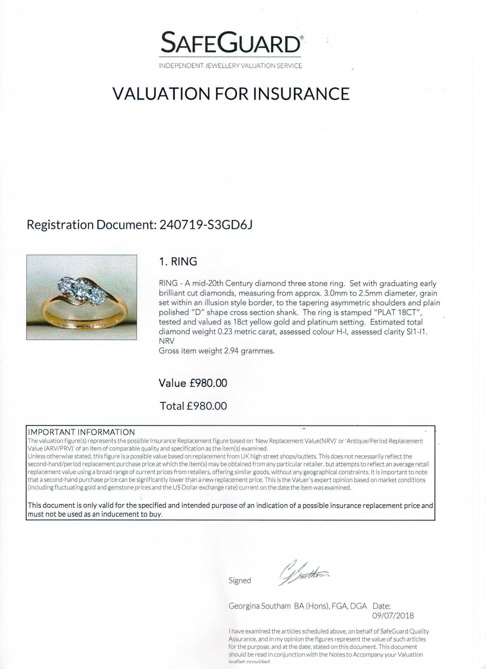 Title: Vintage Diamond Three Stone 18ct Gold Ring Description: Mid-20th Century Diamond Three- - 7