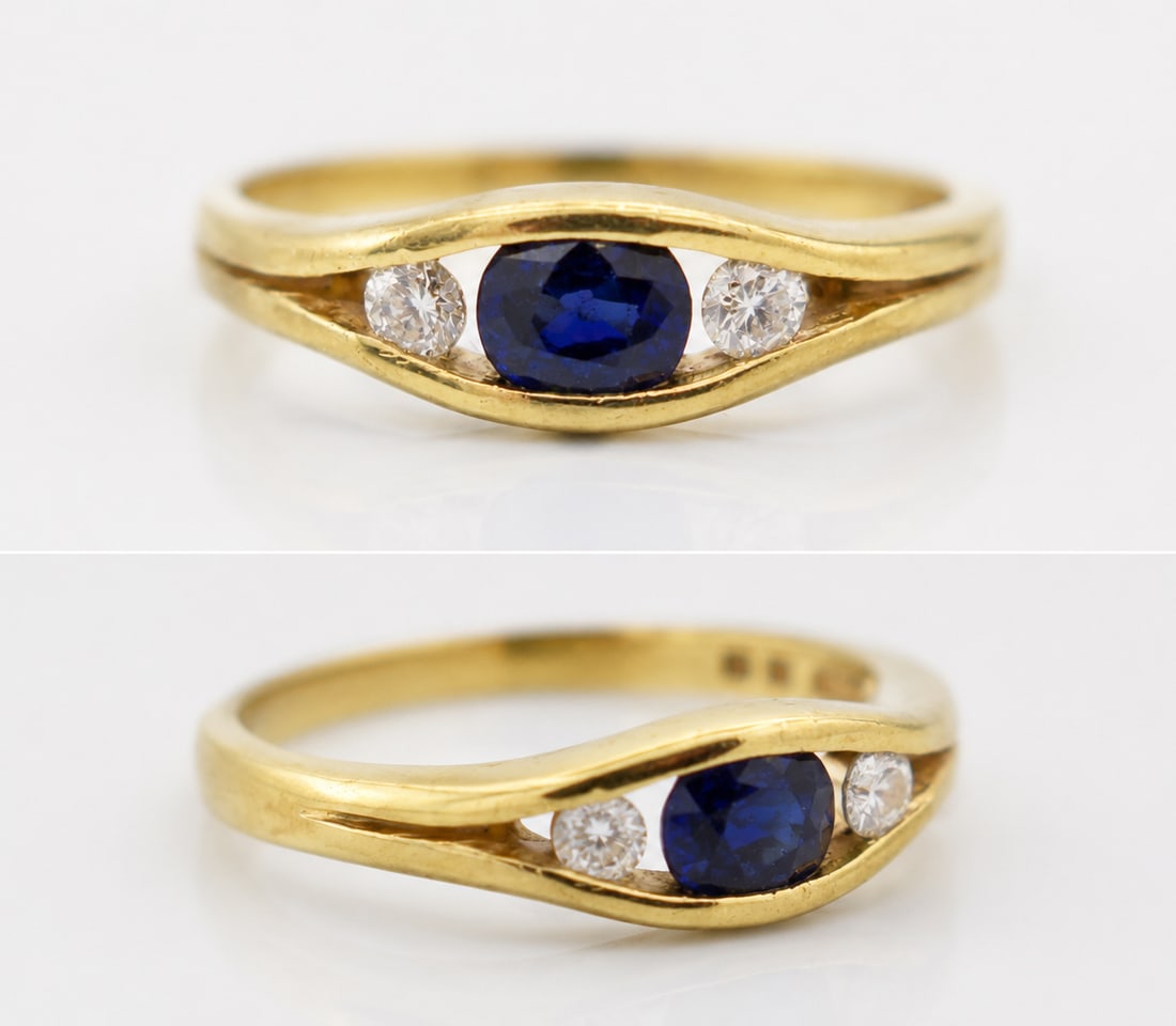 Title: Three Stone Sapphire & Diamond 18ct Gold Ring Description: Vintage Three Stone Sapphire & (1 of 2)