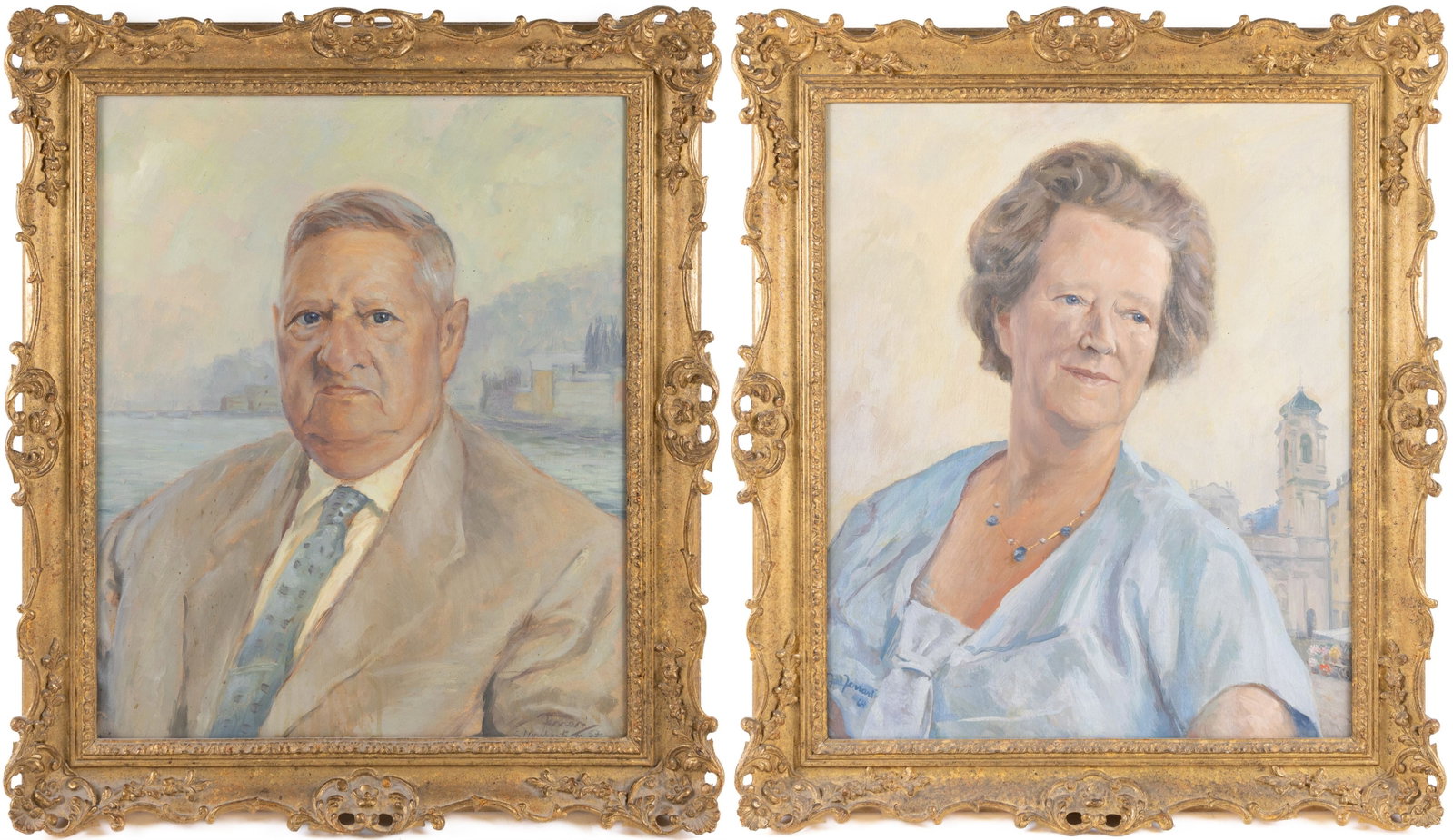 Title: Pair of Mid 20th c. Italian Portraits in Swept Gilt Frames Description: Pair of Mid 20th c. (1 of 10)