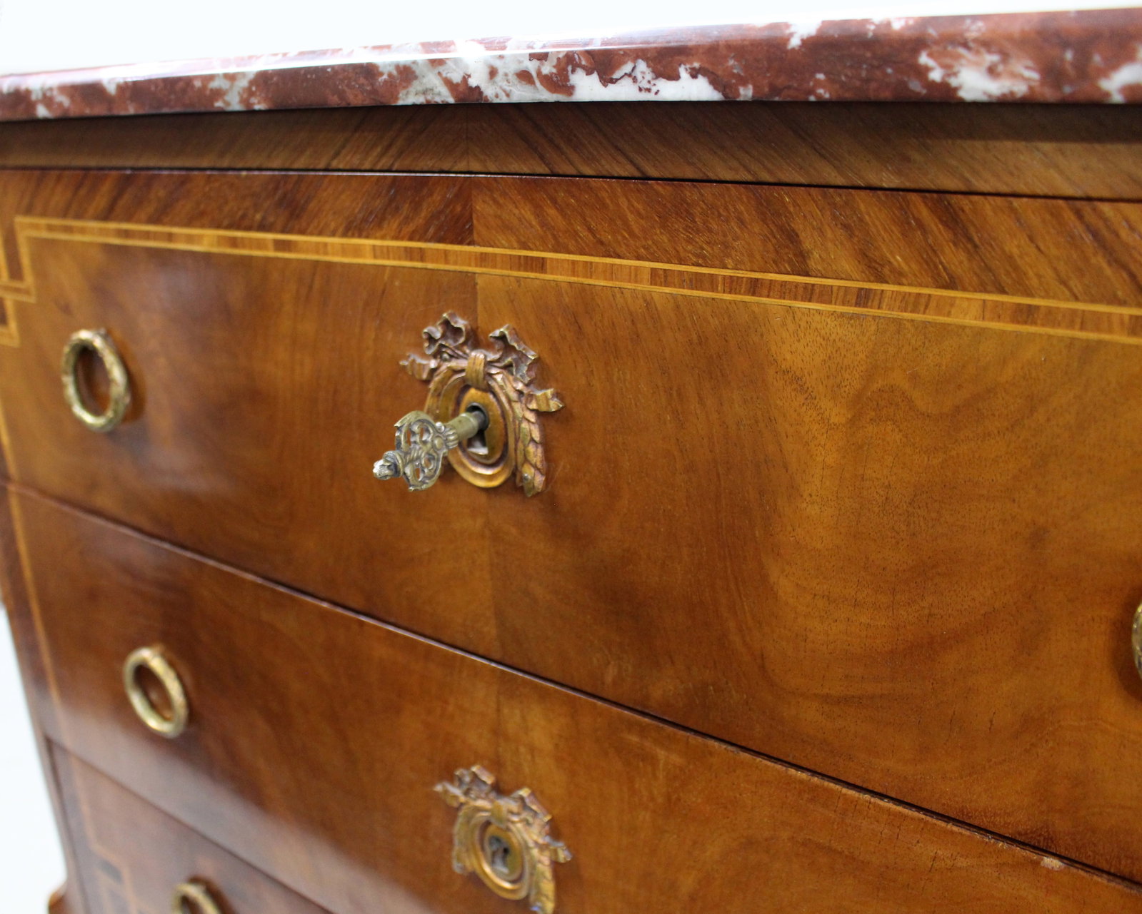 Title: French Louis XVI Style Mahogany & Tulipwood Commode with Rouge Marble Top Description: French - 10