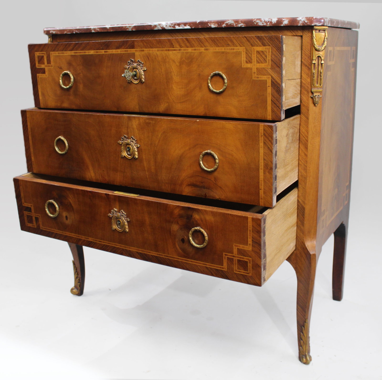 Title: French Louis XVI Style Mahogany & Tulipwood Commode with Rouge Marble Top Description: French - 11