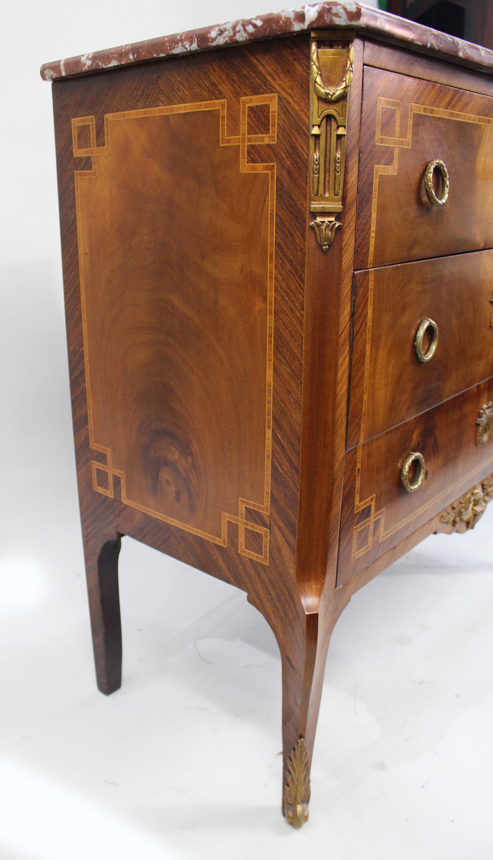 Title: French Louis XVI Style Mahogany & Tulipwood Commode with Rouge Marble Top Description: French - 12