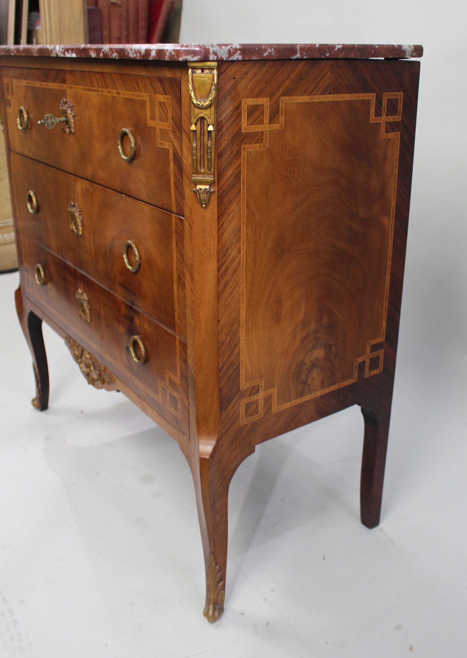 Title: French Louis XVI Style Mahogany & Tulipwood Commode with Rouge Marble Top Description: French - 13