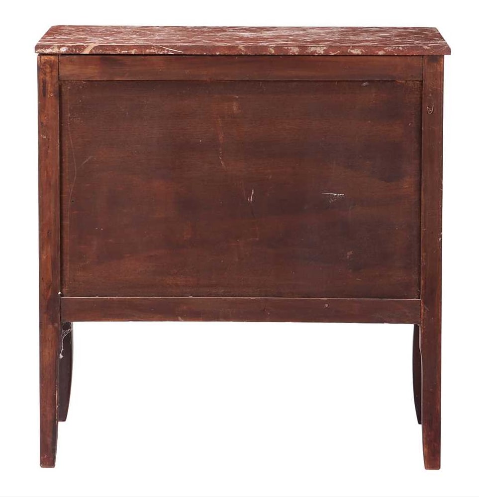 Title: French Louis XVI Style Mahogany & Tulipwood Commode with Rouge Marble Top Description: French - 14