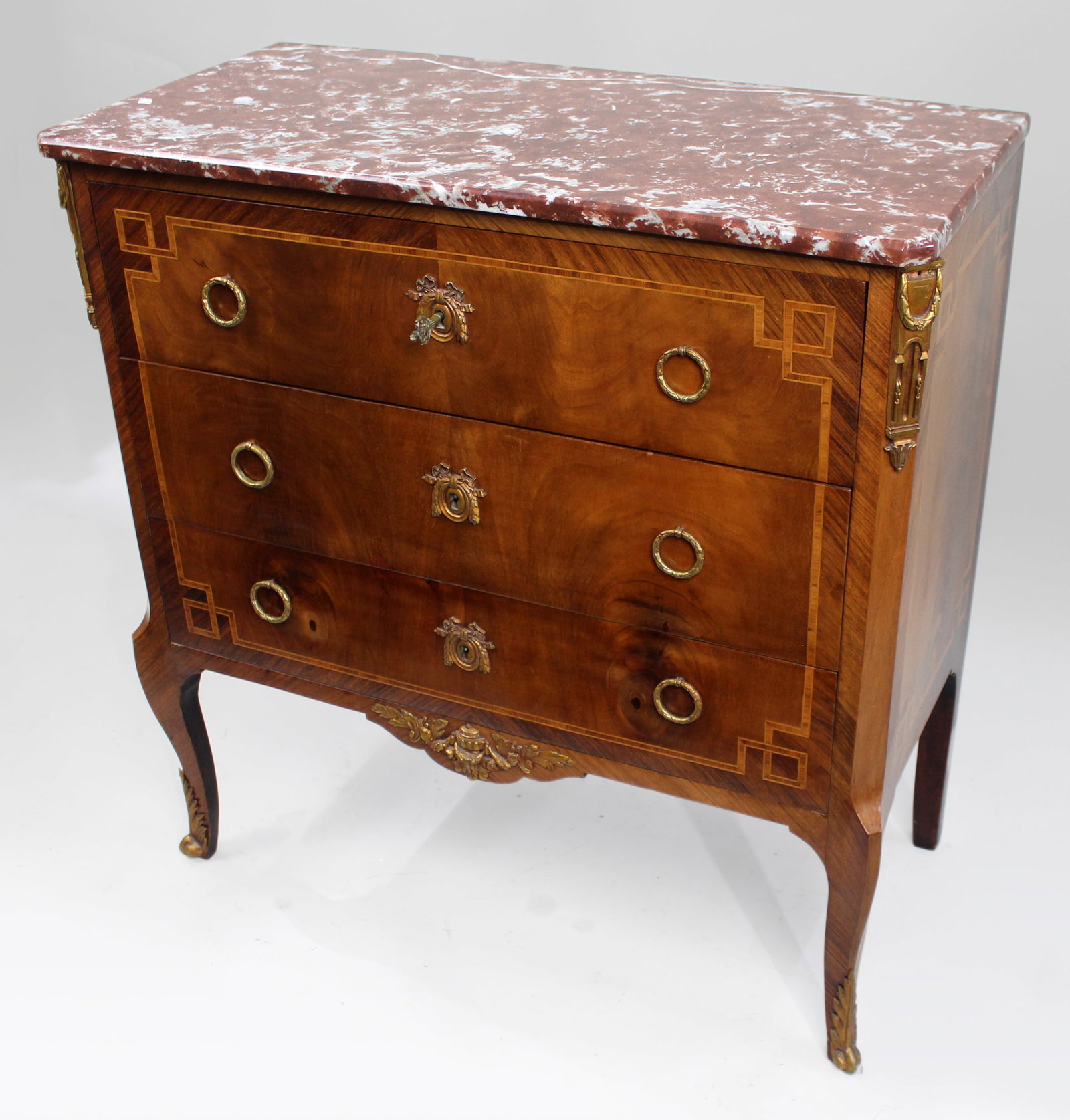 Title: French Louis XVI Style Mahogany & Tulipwood Commode with Rouge Marble Top Description: French (1 of 14)