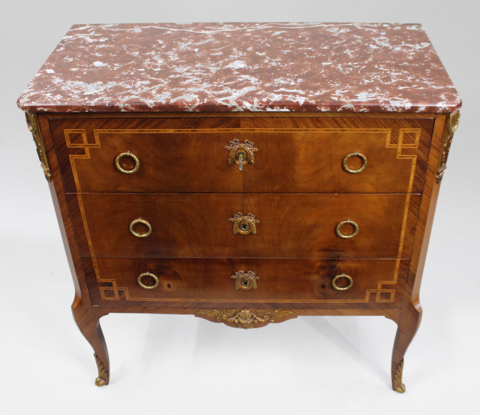 Title: French Louis XVI Style Mahogany & Tulipwood Commode with Rouge Marble Top Description: French - 2