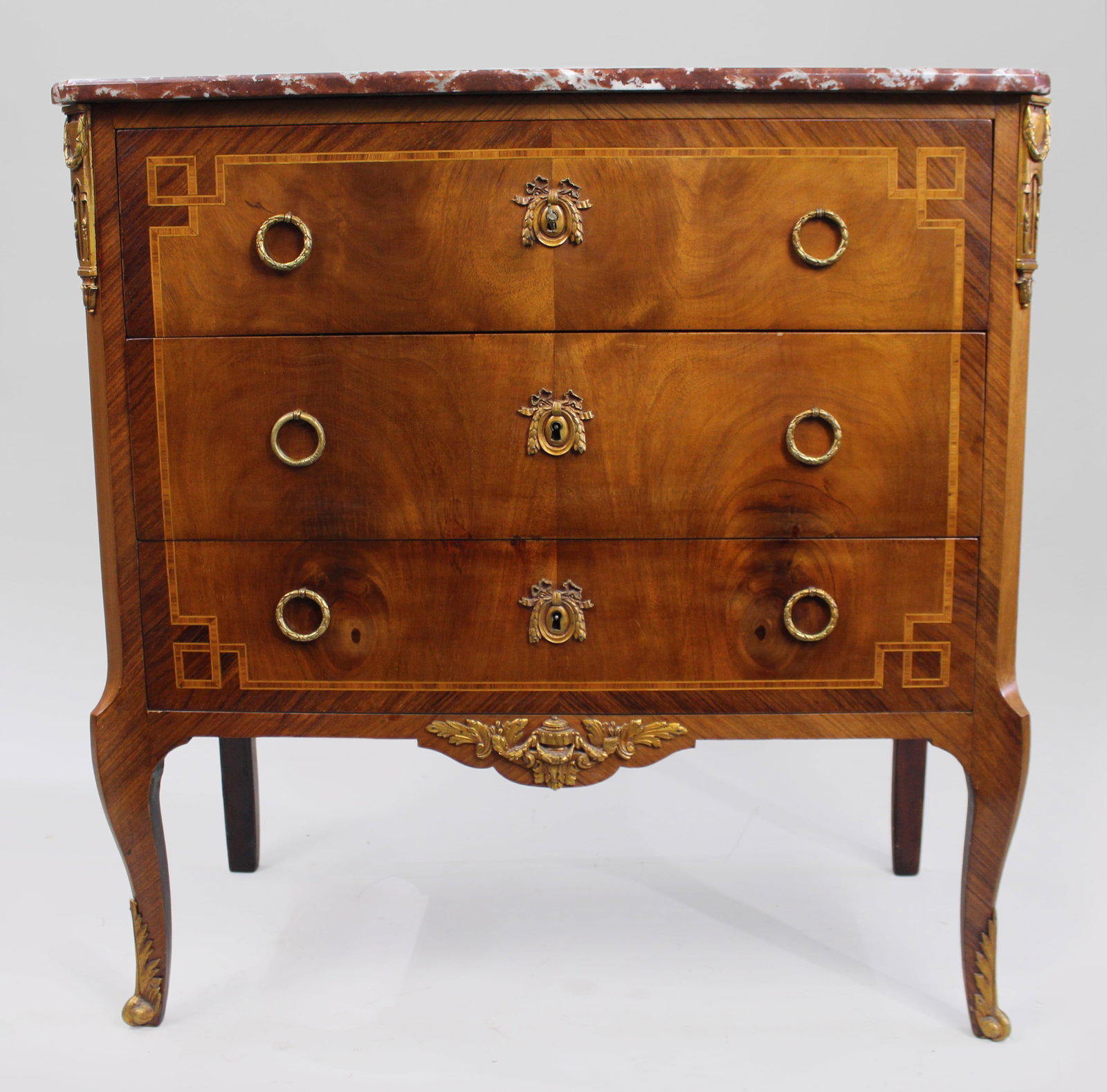 Title: French Louis XVI Style Mahogany & Tulipwood Commode with Rouge Marble Top Description: French - 3