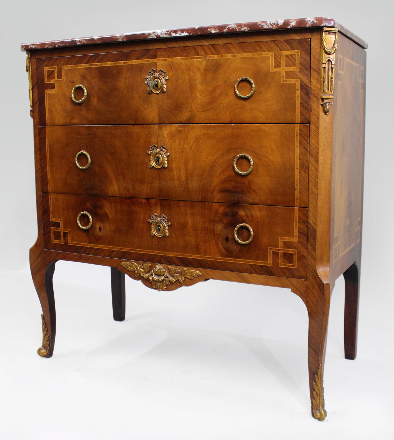 Title: French Louis XVI Style Mahogany & Tulipwood Commode with Rouge Marble Top Description: French - 4