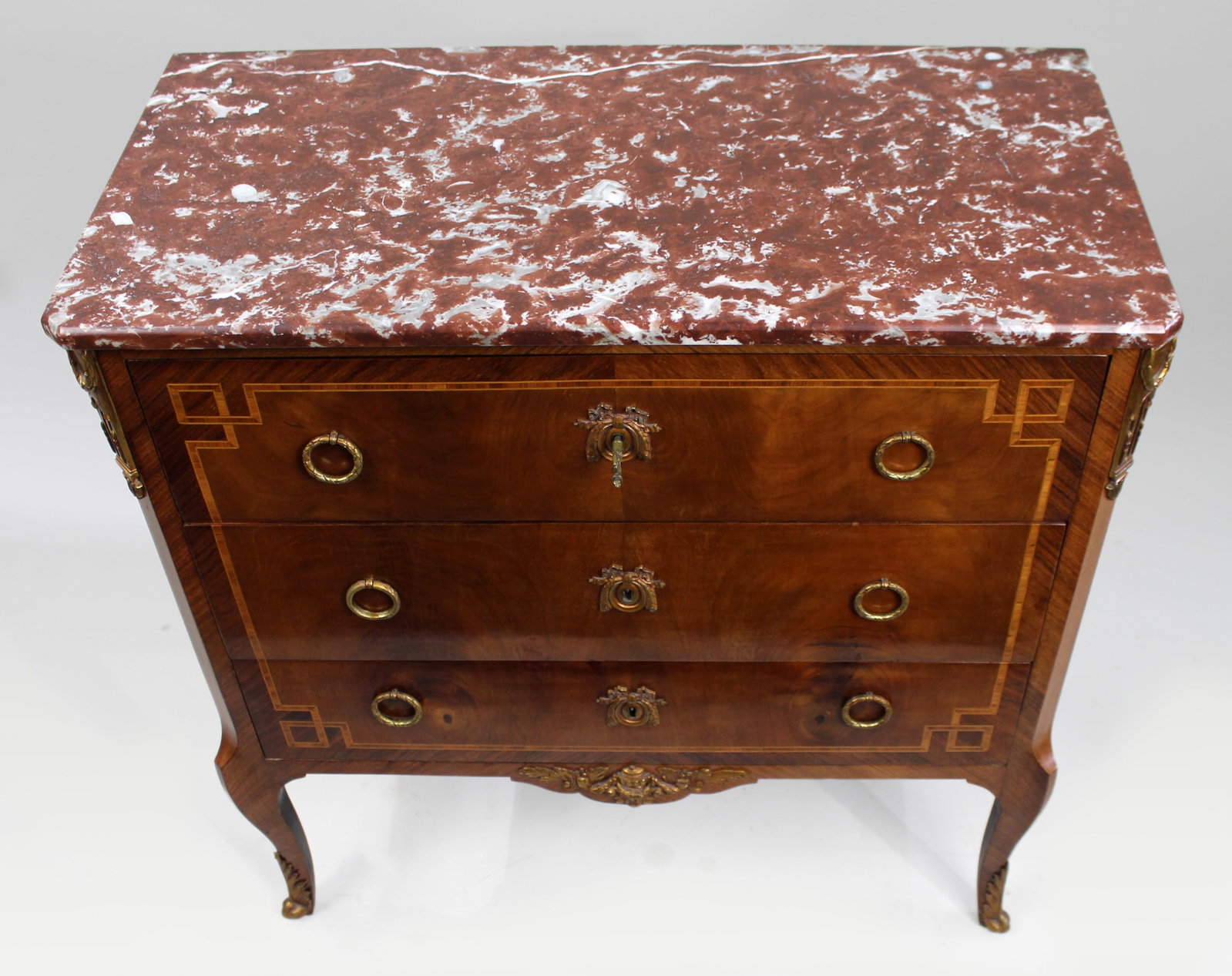Title: French Louis XVI Style Mahogany & Tulipwood Commode with Rouge Marble Top Description: French - 5