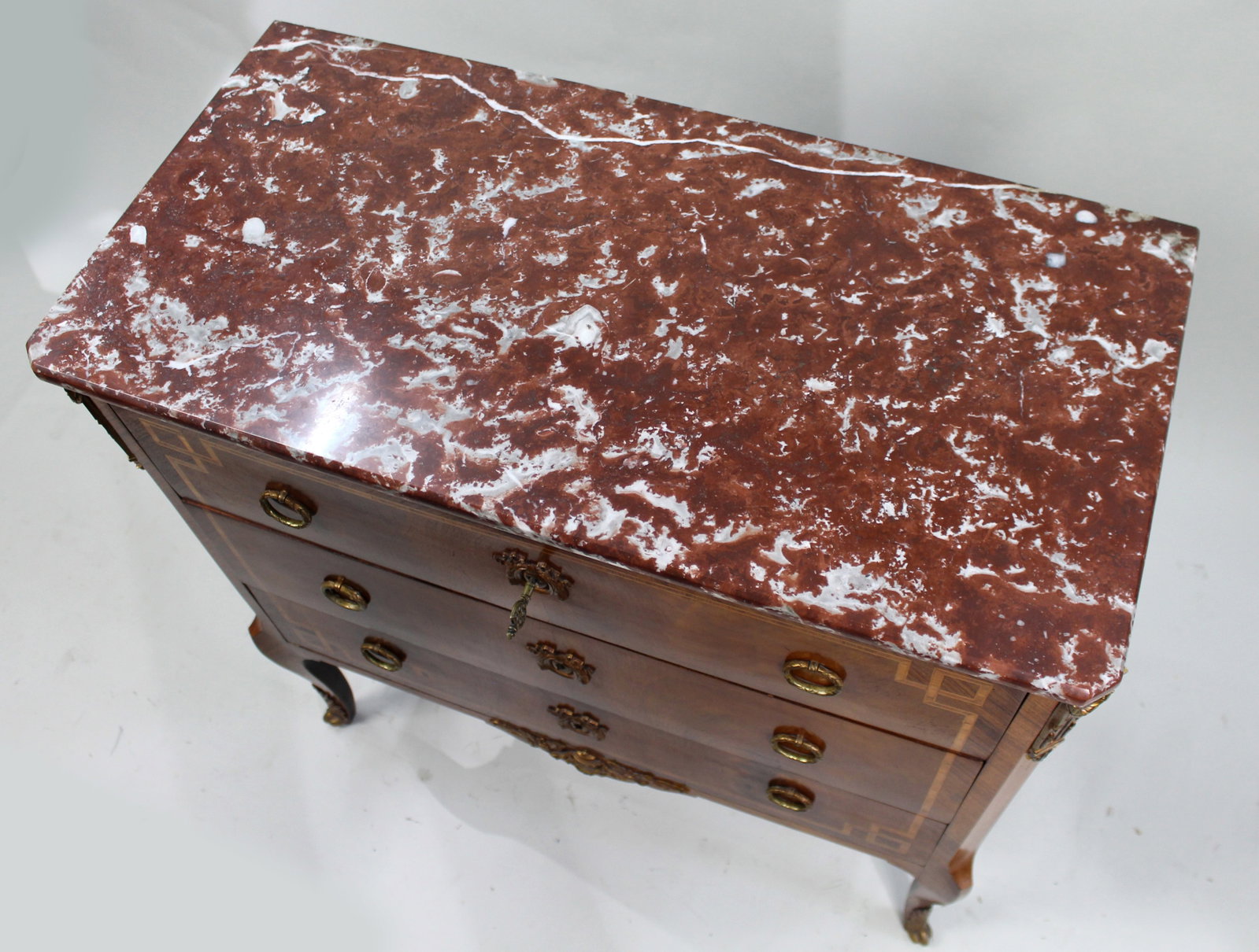 Title: French Louis XVI Style Mahogany & Tulipwood Commode with Rouge Marble Top Description: French - 6