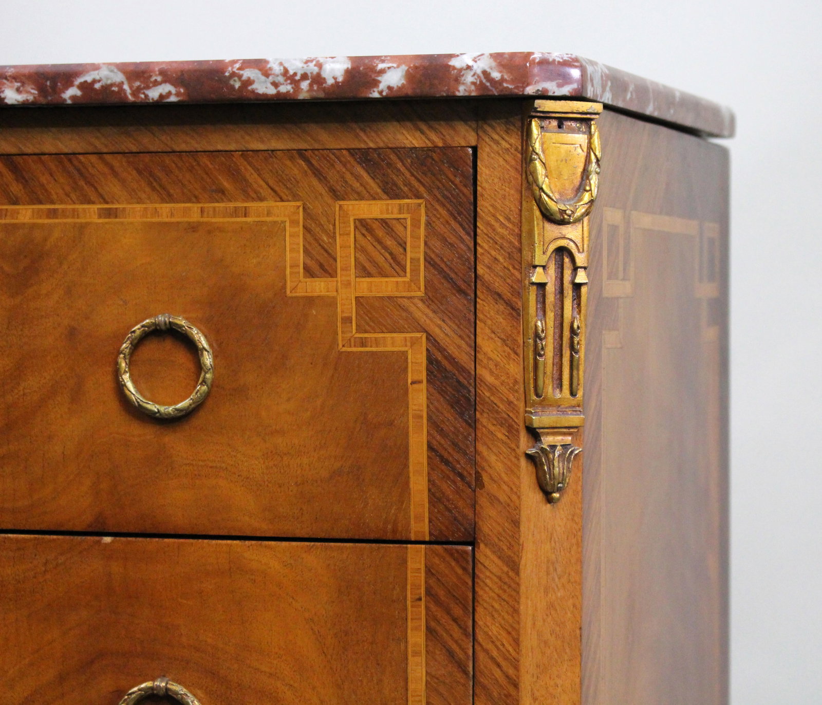 Title: French Louis XVI Style Mahogany & Tulipwood Commode with Rouge Marble Top Description: French - 7