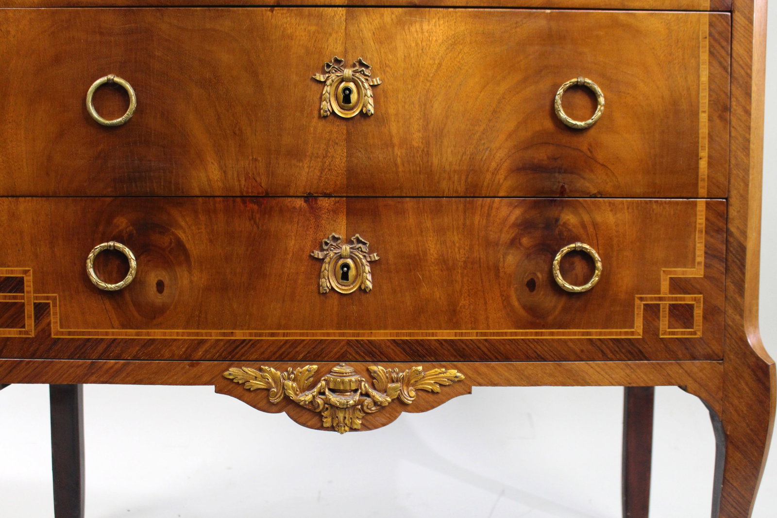 Title: French Louis XVI Style Mahogany & Tulipwood Commode with Rouge Marble Top Description: French - 8