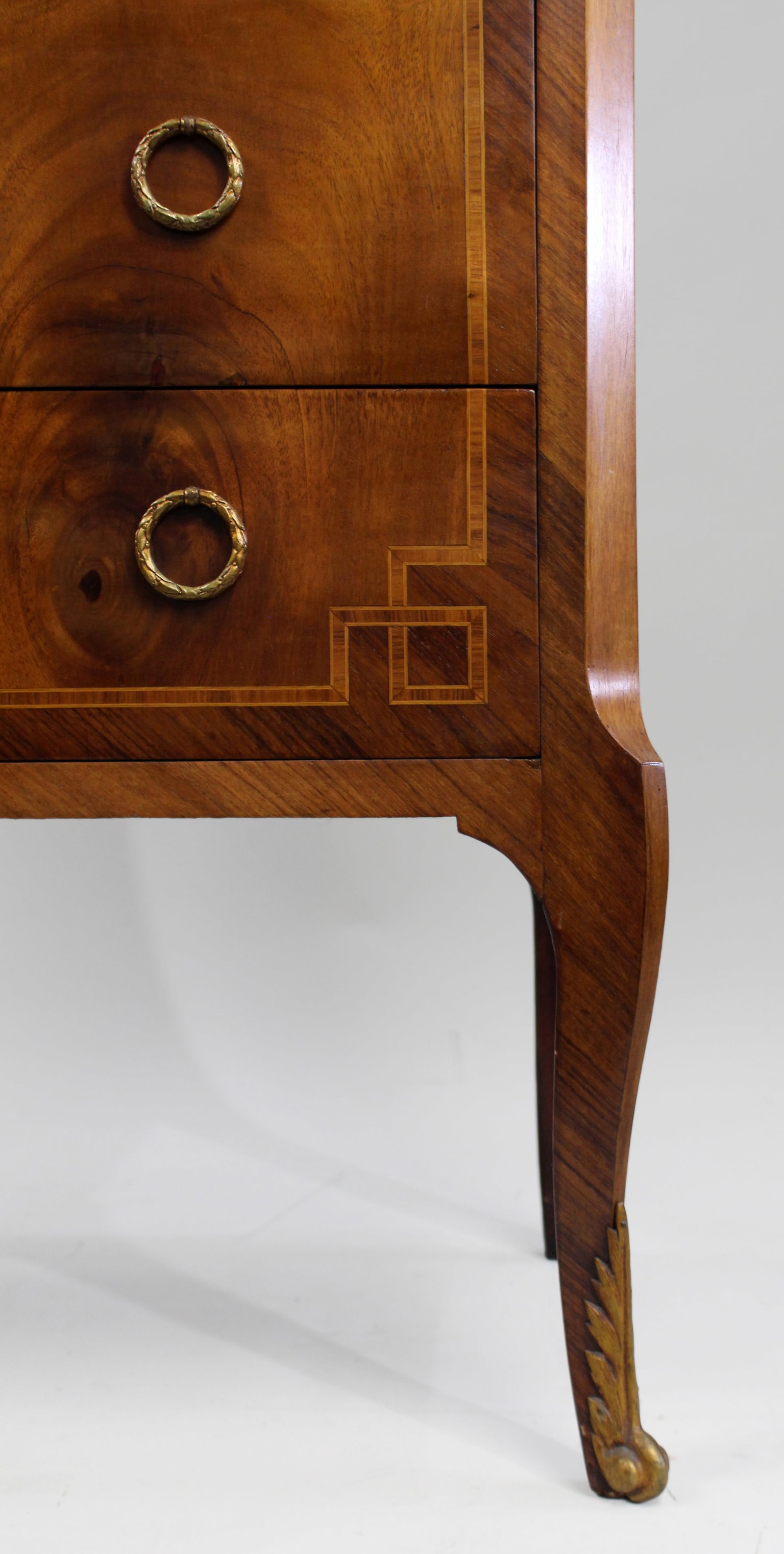 Title: French Louis XVI Style Mahogany & Tulipwood Commode with Rouge Marble Top Description: French - 9