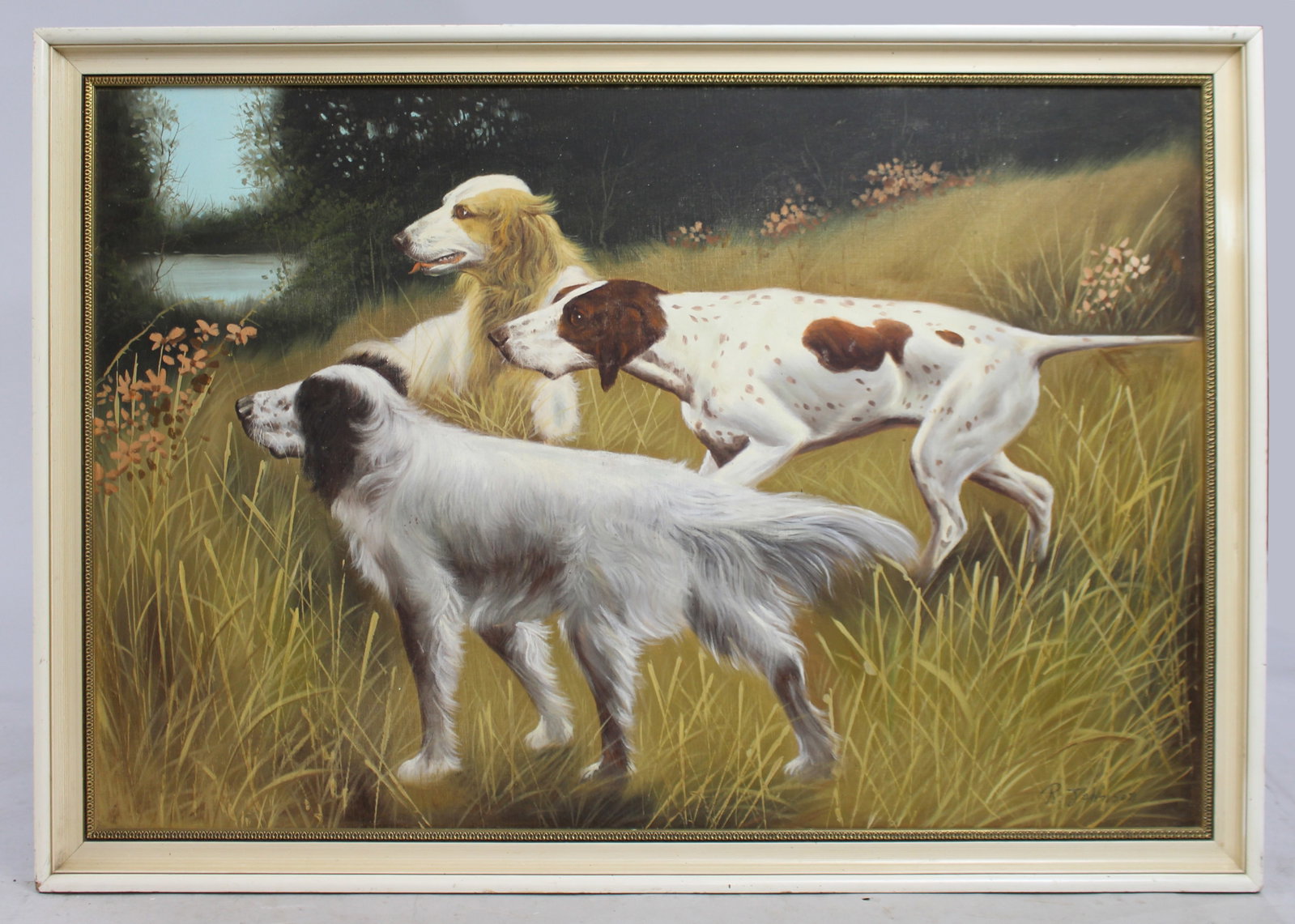 Title: Dogs Oil on Board by R.Johnson Description: 20th century. Oil on board. Signed by the: Title: Dogs Oil on Board by R.Johnson Description: 20th century. Oil on board. Signed by the artist to the lower right, R.Johnson. Well executed and pleasing painting of three dogs. Set in painted