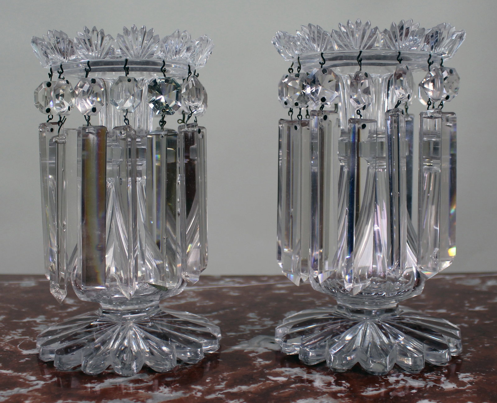 Title: Fine Pair of Antique Cut Crystal Lustre Vases with Prism Drops Description: Fine Pair of (1 of 8)