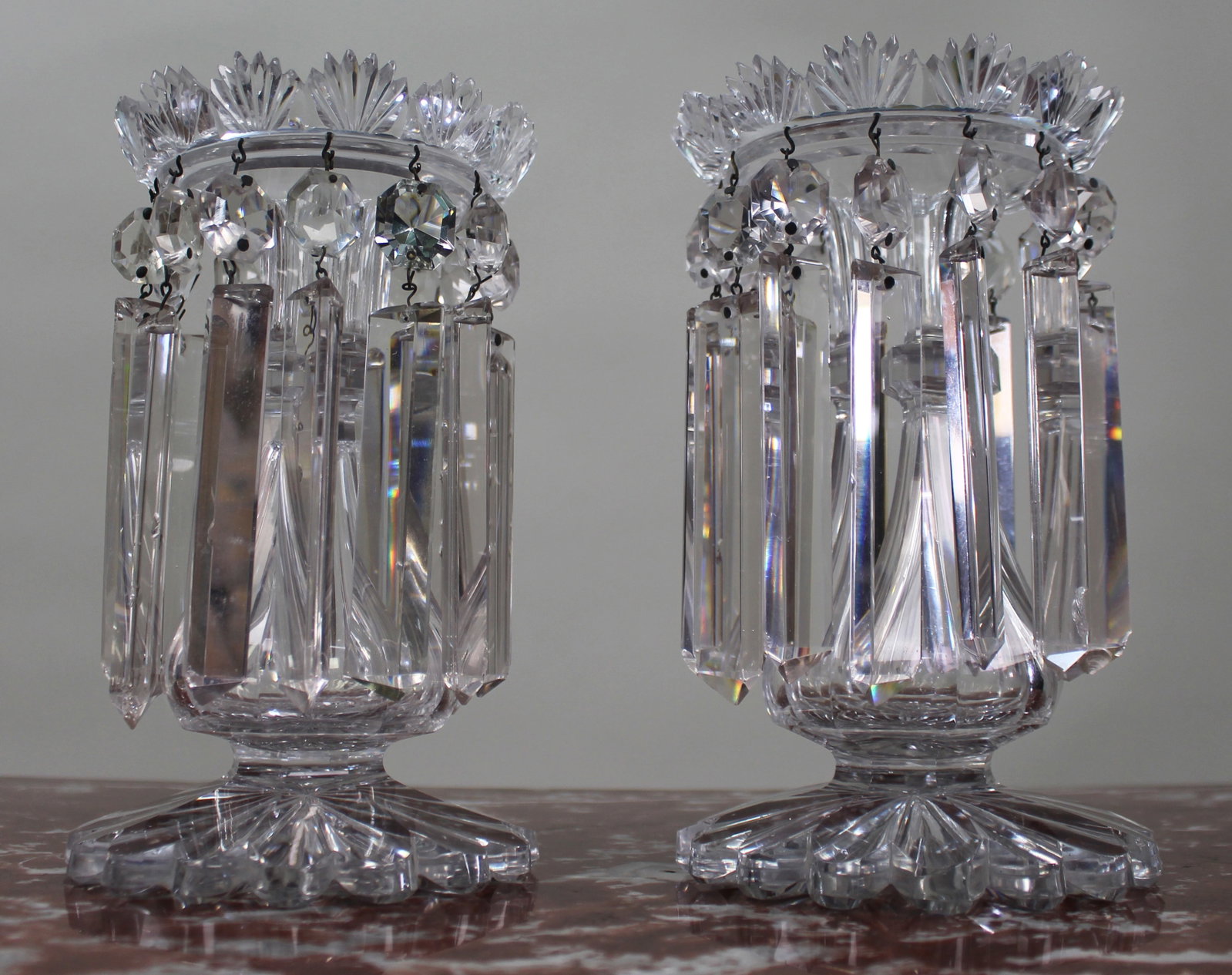 Title: Fine Pair of Antique Cut Crystal Lustre Vases with Prism Drops Description: Fine Pair of - 2