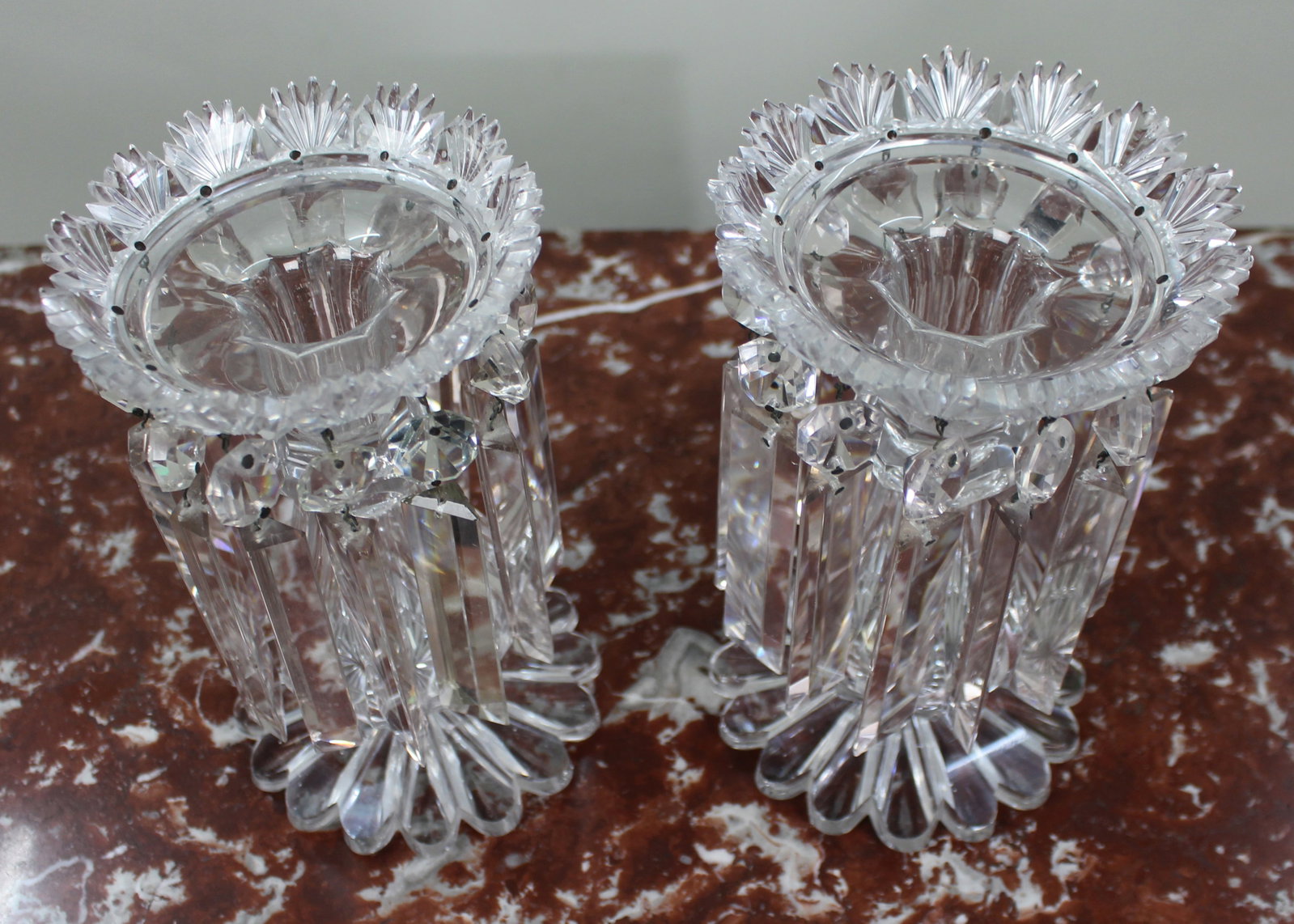 Title: Fine Pair of Antique Cut Crystal Lustre Vases with Prism Drops Description: Fine Pair of - 3