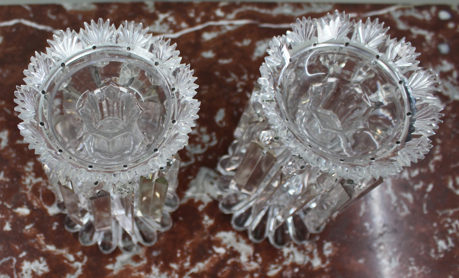 Title: Fine Pair of Antique Cut Crystal Lustre Vases with Prism Drops Description: Fine Pair of - 4