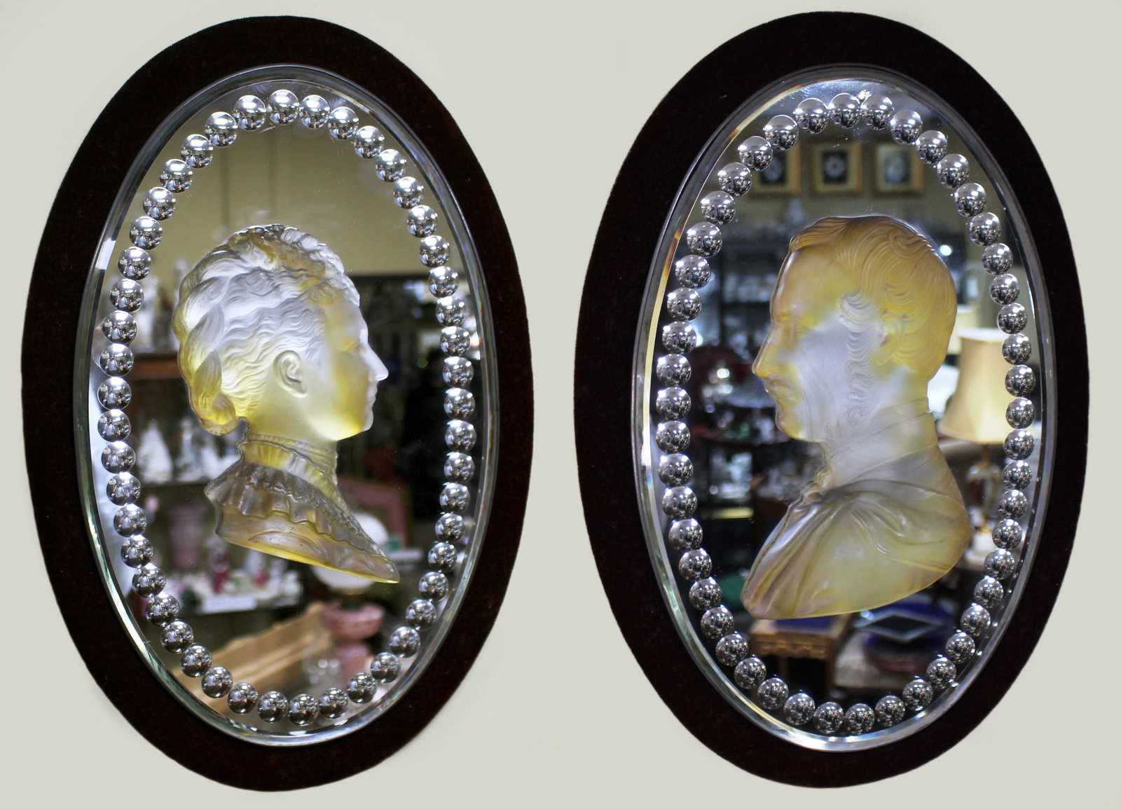 Title: Pair of Victorian Royal Portrait Frosted Crystal and Mirror Plaques Description: Pair of (1 of 14)