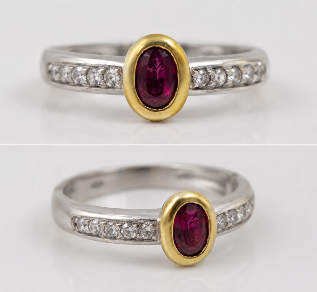 Title: Vintage Ruby & Diamond Ring in 18ct White Gold Description: Vintage Ruby Diamond 18ct White: Title: Vintage Ruby & Diamond Ring in 18ct White Gold Description: Vintage Ruby Diamond 18ct White Gold Ring Ruby Oval shaped mixed cut ruby, measuring 5.6 x 3.9 mm, weight 0.42 metric carat, pink