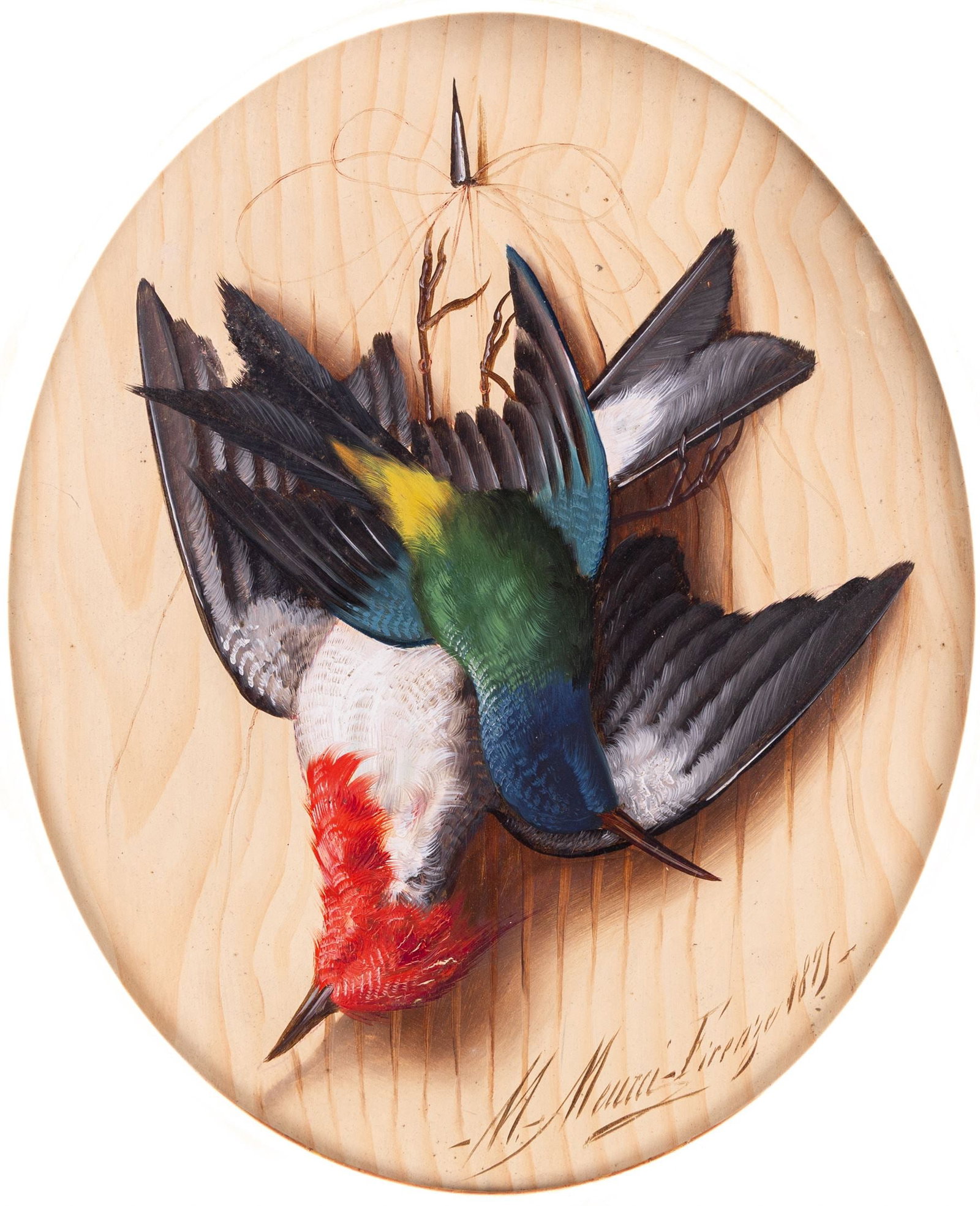 Title: Michelangelo Meucci (Italian, 1840–1909) Trompe l'Oeil with Hanging Birds c.1875 Descri: Title: Michelangelo Meucci (Italian, 1840–1909) Trompe l'Oeil with Hanging Birds c.1875 Description: Michelangelo Meucci (Italian, 1840–1909) Trompe l'Oeil with Hanging Birds, Signed and