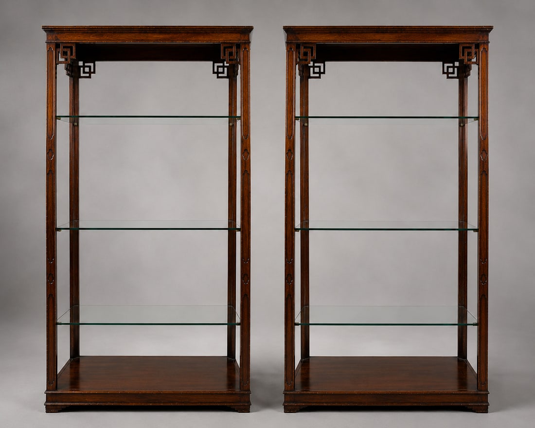 Title: Pair of Large Vintage Chinese Chippendale Style Mahogany Display Shelves Description: Pair of: Title: Pair of Large Vintage Chinese Chippendale Style Mahogany Display Shelves Description: Pair of Large Vintage Chinese Chippendale Style Mahogany Display Shelves A handsome pair of vintage