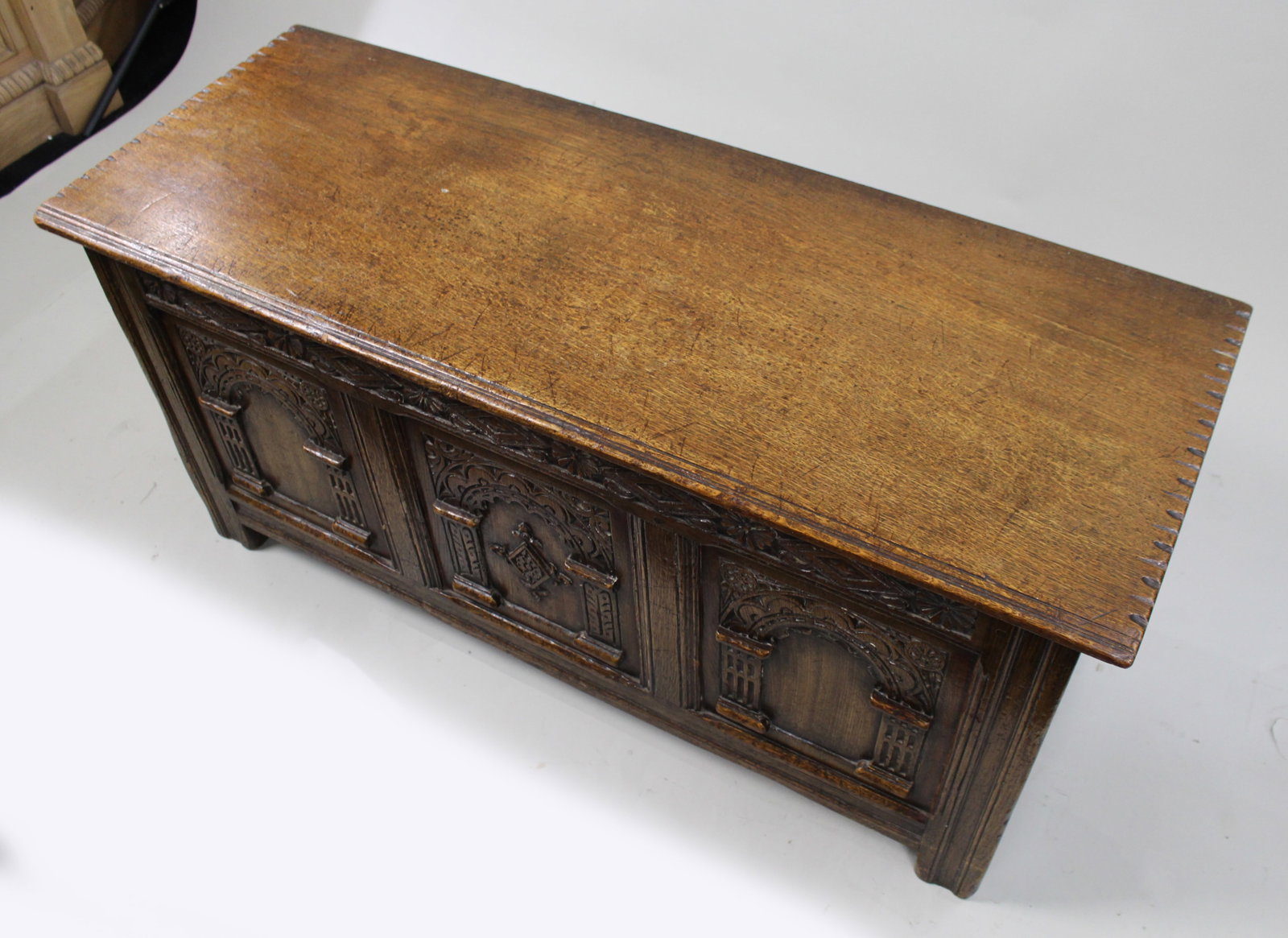 Title: Heavily Carved Oak Coffer in the Jacobean Taste Description: Mid-20th Century English - 5