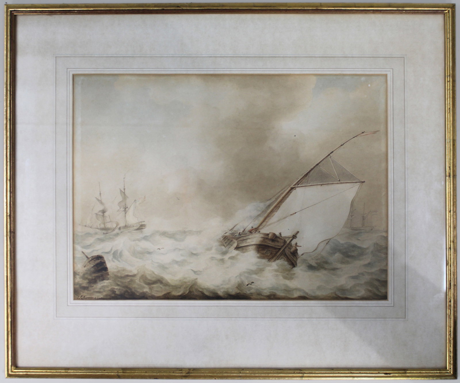 Title: 19th c. Dutch Seascape Watercolour Painting by Martinus Schouman Description: 19th c. Dutch (1 of 6)