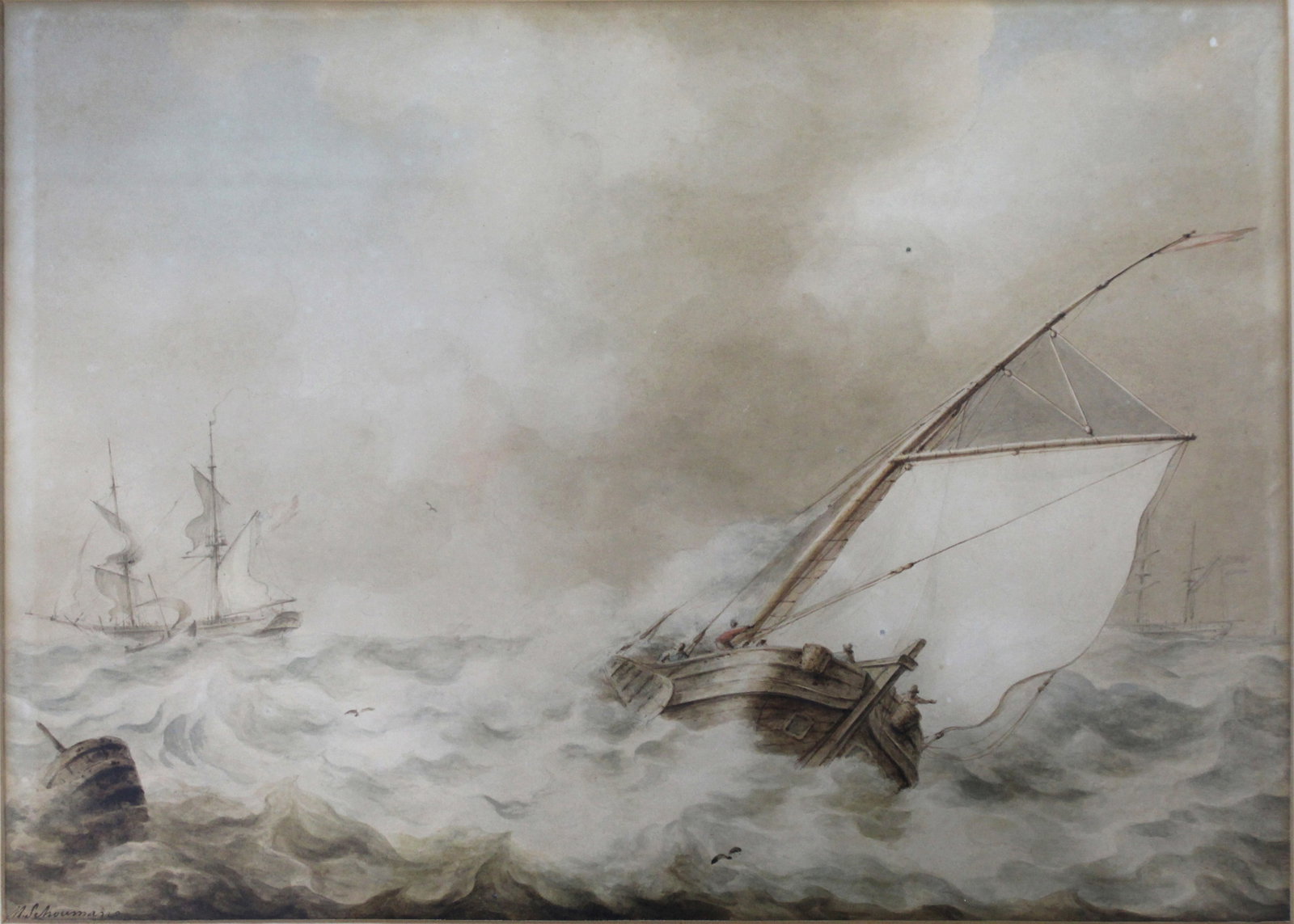 Title: 19th c. Dutch Seascape Watercolour Painting by Martinus Schouman Description: 19th c. Dutch - 2