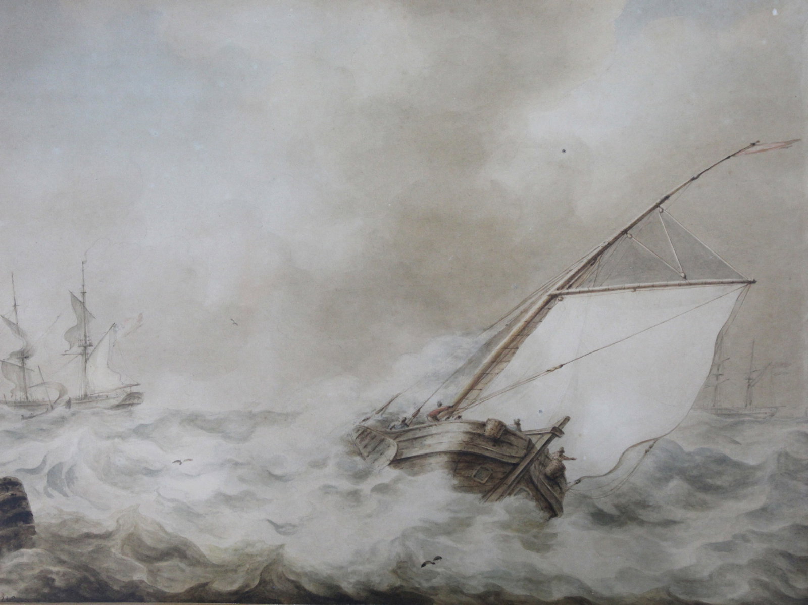 Title: 19th c. Dutch Seascape Watercolour Painting by Martinus Schouman Description: 19th c. Dutch - 3