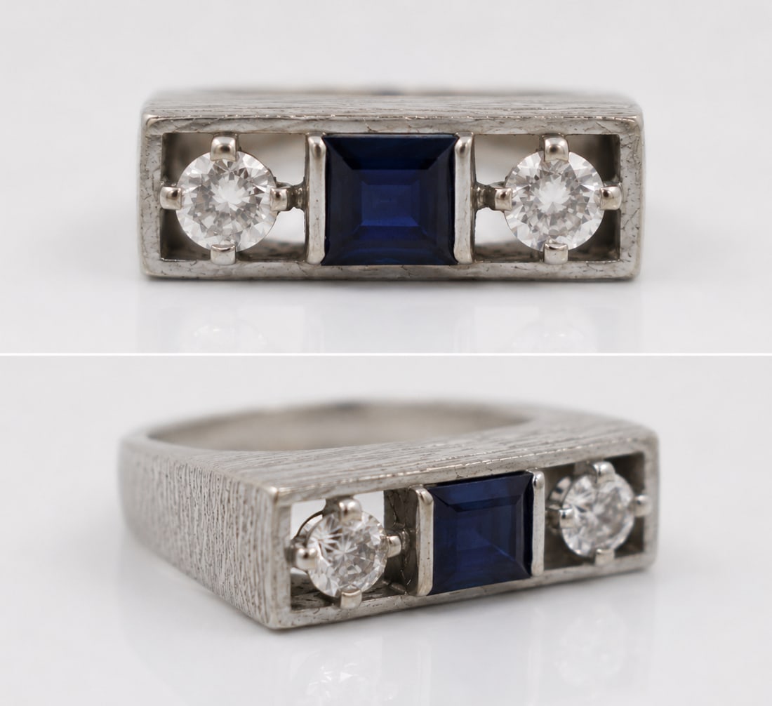 Title: Vintage Sapphire & Diamond Three Stone White Gold Ring Description: Vintage Sapphire &: Title: Vintage Sapphire & Diamond Three Stone White Gold Ring Description: Vintage Sapphire & Diamond Three Stone White Gold Ring Fine Art Deco style mid/late 20th c. sapphire and diamond