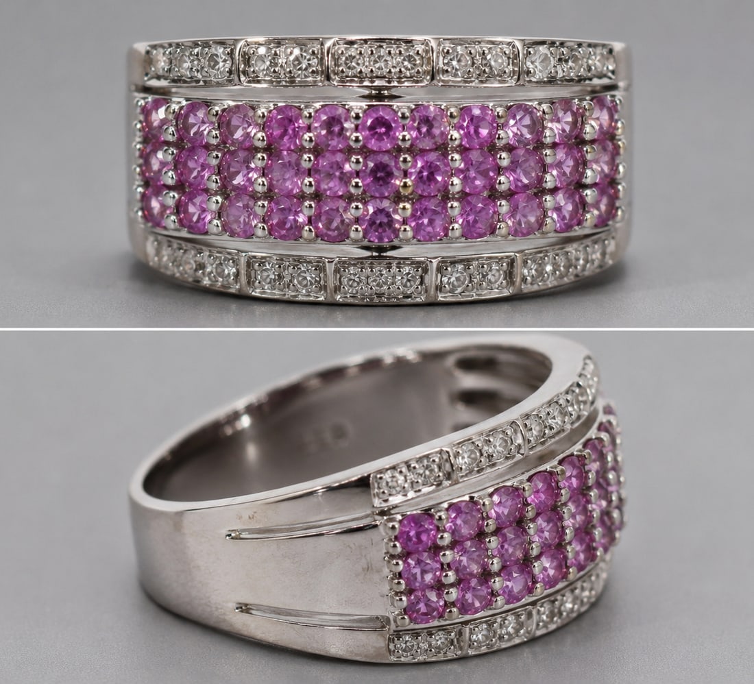Title: Pink Sapphire & Diamond 18ct White Gold Band Ring Description: Pink Sapphire & Diamond 18ct: Title: Pink Sapphire & Diamond 18ct White Gold Band Ring Description: Pink Sapphire & Diamond 18ct White Gold Band Ring Vintage, 20th c. Pink sapphire & diamonds, 18ct white gold Weight