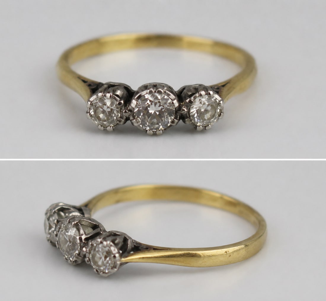 Title: Antique Diamond Three-Stone Ring – 18ct Yellow Gold & Platinum c.1930 Description: Anti: Title: Antique Diamond Three-Stone Ring – 18ct Yellow Gold & Platinum c.1930 Description: Antique Diamond Three-Stone Ring – 18ct Yellow Gold & Platinum c.1930 An antique