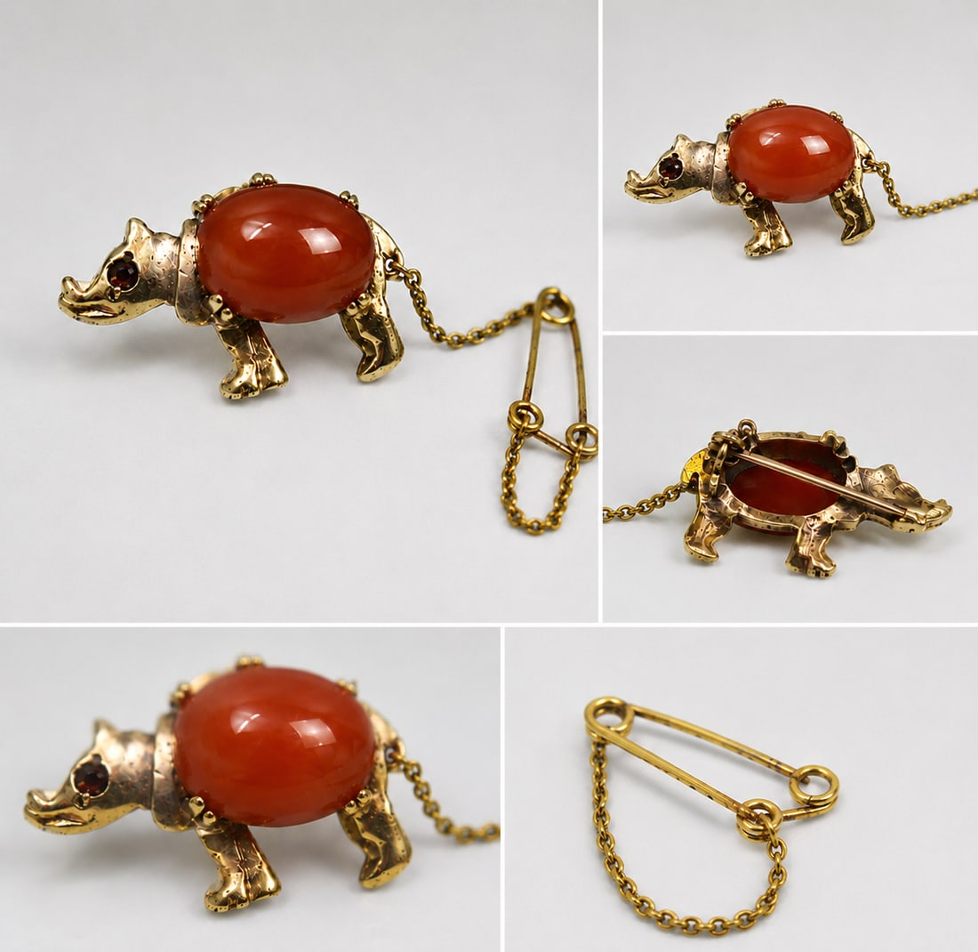 Title: Mid-20th Century 9ct Gold Rhino Brooch Description: Mid-Century 9ct Gold Rhino Brooch – - 2