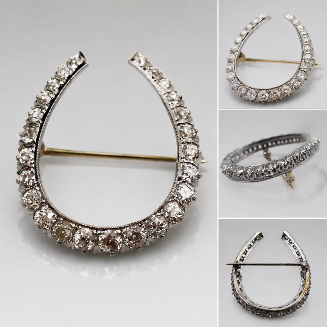 Title: Fine Platinum Diamond Horseshoe Brooch, Circa 1925 Description: Platinum Diamond Horseshoe: Title: Fine Platinum Diamond Horseshoe Brooch, Circa 1925 Description: Platinum Diamond Horseshoe Brooch, Circa 1925 A tasteful and well-crafted horseshoe brooch, set in platinum with a row of