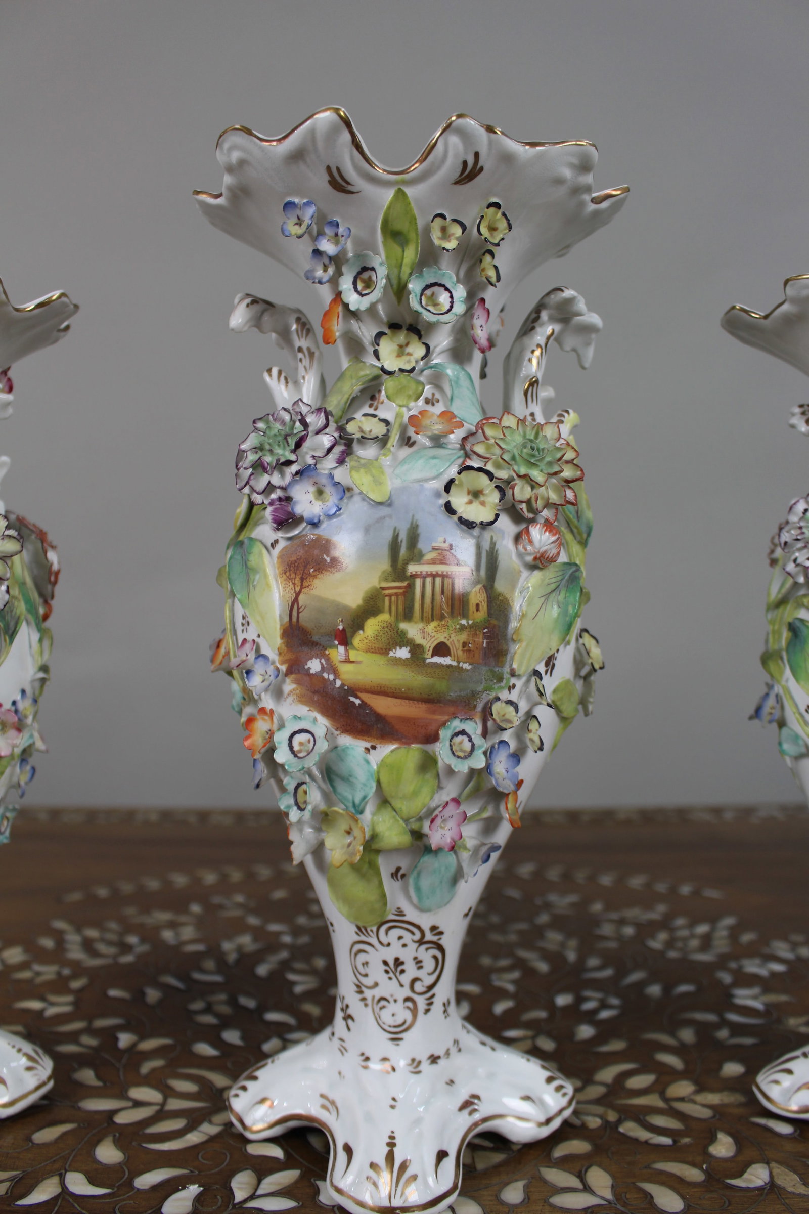 Title: Garniture of Three English Flower-Encrusted Porcelain Vases, c.1850 (probably Samuel Alcock & - 10